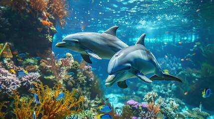 Wall Mural - Aquatic Scene: Two Dolphins Swimming Around Coral Reef with Fish and Sea Plants Underwater