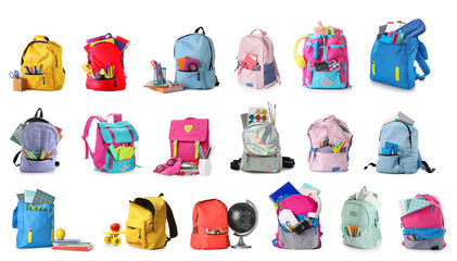 Sticker - Set of many school backpacks on white background