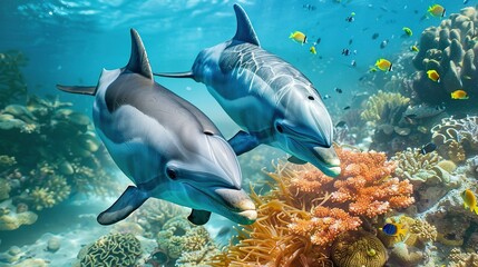 Wall Mural - Two Dolphins Gliding Through Coral Reef with Fish and Sea Plants: An Underwater Perspective