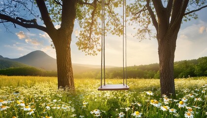 a swing is hanging between two trees in a field of flowers or park