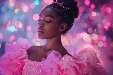 Poster - A woman wearing a pink dress with glitter applied to her eyes for a glamorous look, suitable for editorial or advertising use