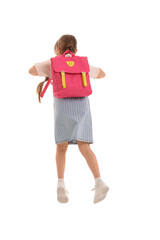 Wall Mural - Little schoolgirl with backpack jumping on white background, back view