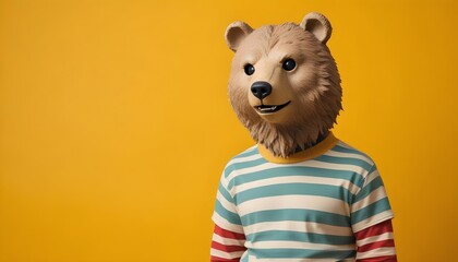 a bear mask with a striped shirt against a yellow background