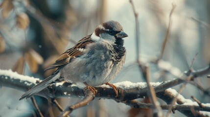 Canvas Print - A small bird perches on a snowy branch, providing a cozy winter scene