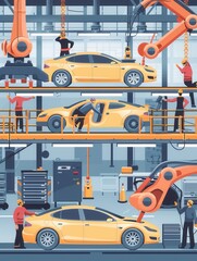 Wall Mural - Illustration of robots and workers on a car assembly line showcasing the integration of advanced technology in manufacturing. Generative AI