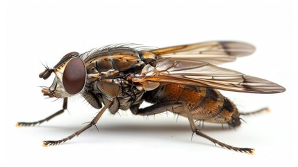 Wall Mural - A close-up shot of a fly sitting on a clean white surface, perfect for macro photography or scientific illustrations