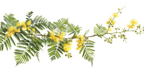 Poster - A simple yet vibrant branch featuring yellow flowers against a clean white background, suitable for use in designs and compositions where a pop of color is needed