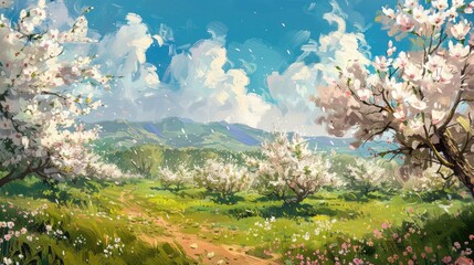 Wall Mural - A painting of a field of flowers with a path leading through it. The sky is blue and there are clouds in the background. The mood of the painting is peaceful and serene