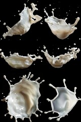 Wall Mural - Close-up photo of milk splashes on a dark or black surface, suitable for use in design, advertising, and media projects