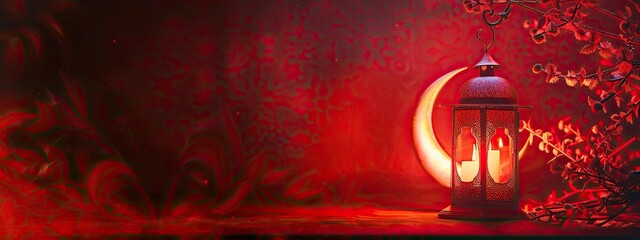 Wall Mural - Ramadan Mubarak background red lantern lamp with crescent moon shape on the background, copy space - generative ai