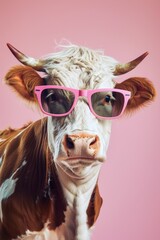 Wall Mural - A brown and white cow wearing pink sunglasses