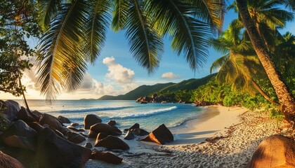 Wall Mural - panoramic view of beautiful beach at sunset with coconut palm tree sea and beautiful rocks beau vallon beach mahe island seychelles