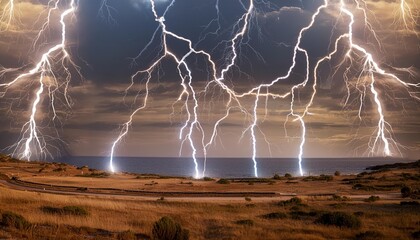 Wall Mural - multiple lightning strikes in dark stormy sky digital art depiction of thunderstorm