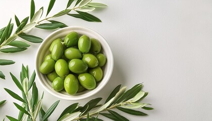 Sticker - green olives on white background frame background with copy space