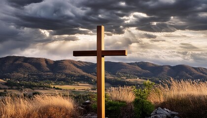 Wall Mural - christian wooden cross against background with dramatic dark clouds and sky