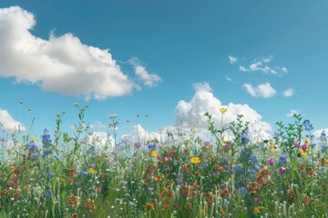 A beautiful wildflower meadow under a bright blue sky with fluffy white clouds. Vibrant colors of flowers create a serene and picturesque landscape.