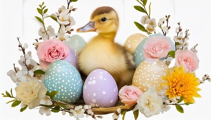 Wall Mural - cute duck in easter eggs and flowers isolated on transparent background spring happy easter concept in vintage shabby chic style pastel cartoon childrens book illustration of duckling