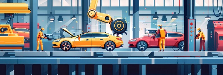 Leinwandbilder - A dynamic illustration of a modern car assembly line with workers and robots working together to build vehicles. Generative AI