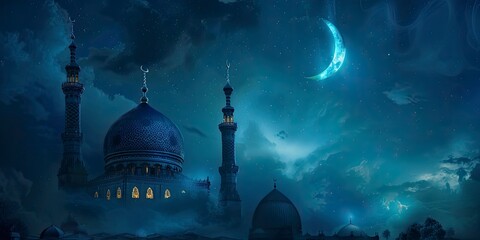 Wall Mural - Mosques Dome on dark blue twilight sky and Crescent on background, Ramadan and free space for text arabic, Eid al-Adha, Eid al-fitr, Mubarak, Islamic new year Muharram, copy space - generative ai