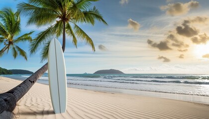 Wall Mural - summer tropical beach with coconut palms and surfboard on sand summer travel concept 3d render