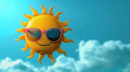 A vibrant image of a smiling sun wearing pink sunglasses against a backdrop of blue sky and fluffy clouds. Perfect for summer and cheerful themes.