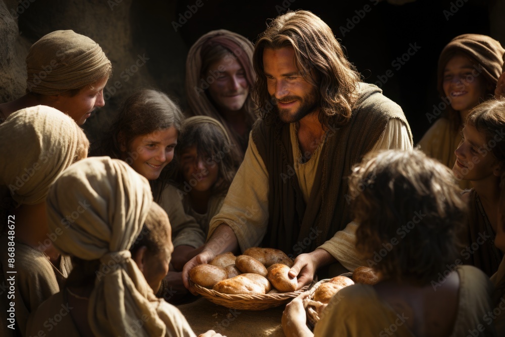  The benevolence of Jesus Christ: providing bread for the poor, a timeless gesture of compassion and empathy, reflecting the teachings of humility and service in christian tradition.