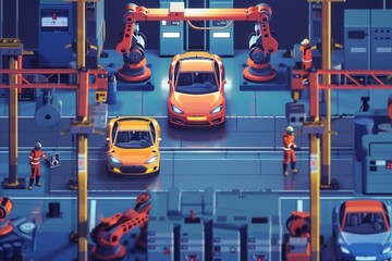 Fototapete - A dynamic illustration of a car assembly line with robots and workers, showcasing modern industrial technology. Generative AI