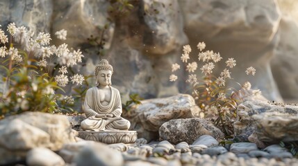 Wall Mural - A statue of Buddha is sitting on a rock next to a pond full of flowers