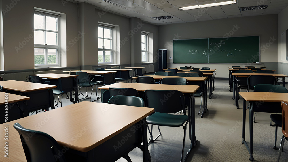 Empty classroom with desks and chairs in a row generated by artificial ...