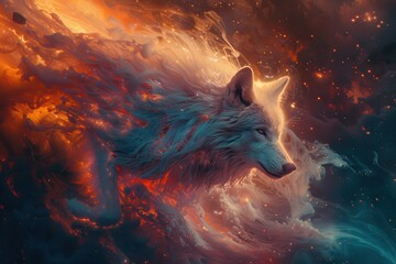 Wall Mural - A white wolf with a fiery mane is flying through the sky