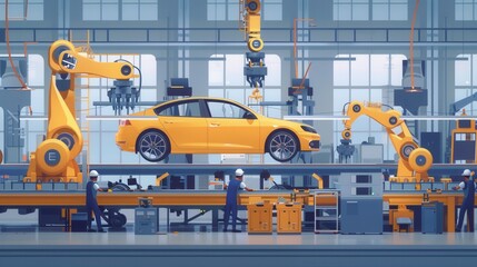 Leinwandbilder - A dynamic illustration of a car assembly line featuring workers and robots assembling a car. This scene embodies the modern automotive industrys reliance on industrial technology. Generative AI