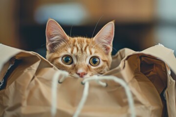 Canvas Print - A curious ginger kitten peeks out of a paper bag. AI.