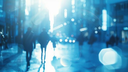 Poster - Blurred image of people walking on a busy street with bokeh lights in the background. AI.