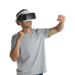 © New Africa - Smiling man using virtual reality headset on white background