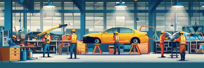 Aufkleber - A busy body shop with workers welding and assembling car bodies. Generative AI