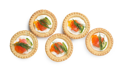 Wall Mural - Delicious canapes with salmon and red caviar isolated on white, top view