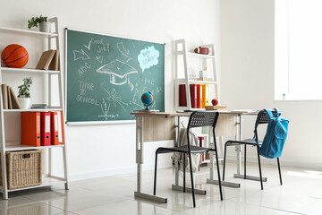 Wall Mural - Interior of empty classroom with blackboard, shelf units and desks