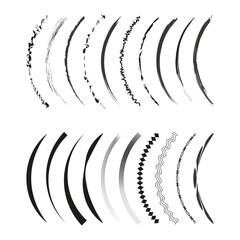 Wall Mural - Curved line patterns. Decorative arc shapes. Various black designs. Vector illustration.