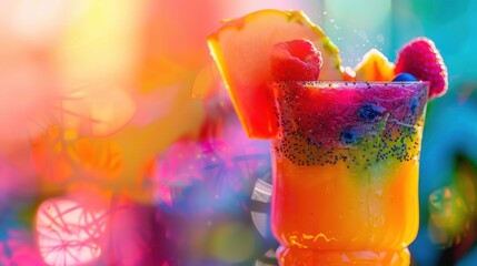 Smoothie glass close up, focus on, copy space, vibrant colors, double exposure silhouette with tropical fruits
