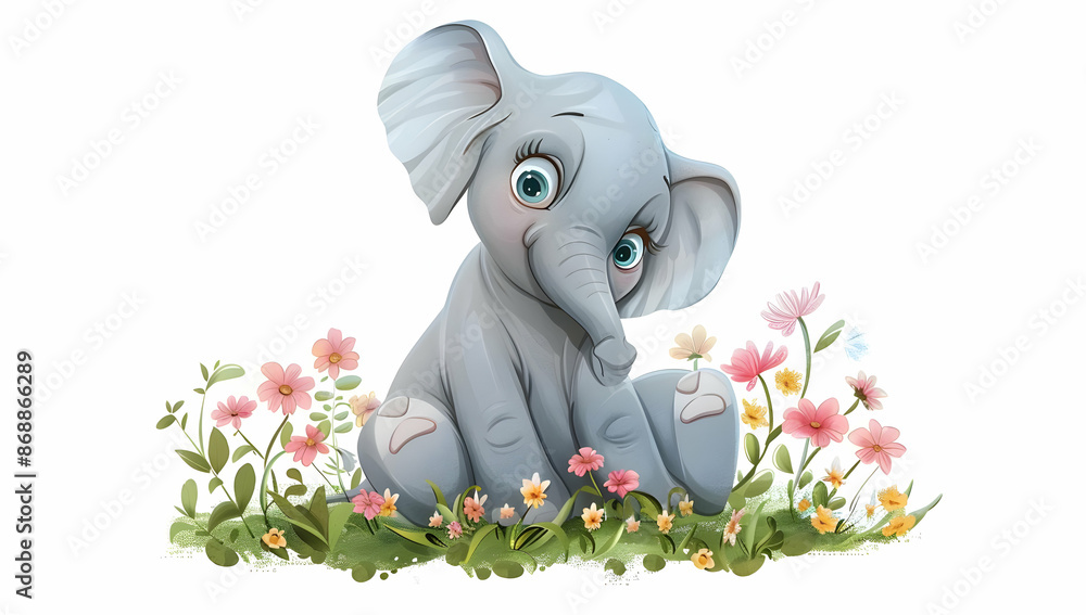 Cute cartoon baby elephant sitting in a colorful field of flowers ...