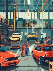 Aufkleber - Workers in a busy body shop weld and assemble car bodies. Generative AI