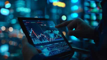 Wall Mural - businessman working using smartphone to analyze trading data with stock exchange graph on screen