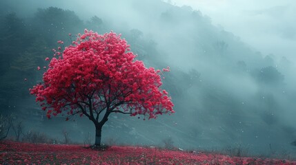 Wall Mural - A Single Red Tree in a Misty Forest