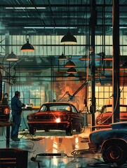 A body shop worker welds and assembles a classic car in a large industrial space. Generative AI