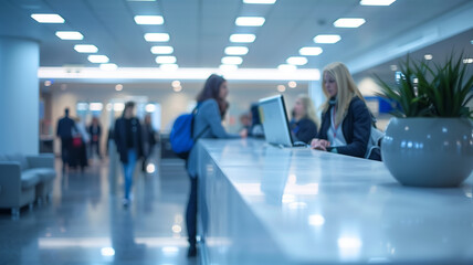 White reception desk with blurry background of people waiting in line