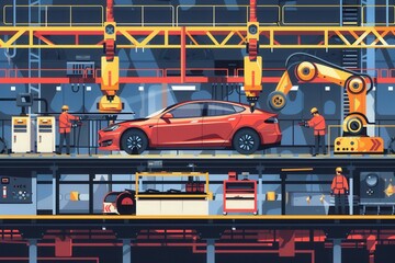 Leinwandbilder - A dynamic illustration of a car assembly line with workers and robots collaborating to build vehicles. Generative AI