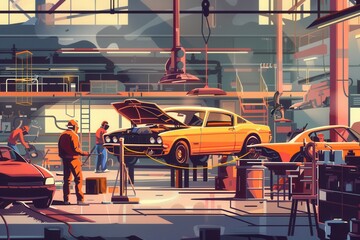 Aufkleber - Workers in a body shop assemble a classic car, using welding tools and technical expertise. Generative AI