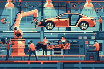 Leinwandbilder - A vibrant illustration of a car assembly line with workers and robots assembling vehicles, showcasing the dynamic and efficient nature of modern manufacturing. Generative AI