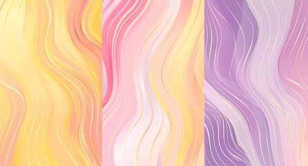 Wall Mural - Set of three vector abstract retro groovy background designs in pastel yellow, pink and purple colors with wavy lines pattern