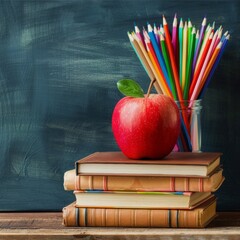 A classic school setup with a bright red apple, vibantly colorful pencils, and stacked books on a teacher’s desk in front of a green blackboard, showcasing learning essentials.